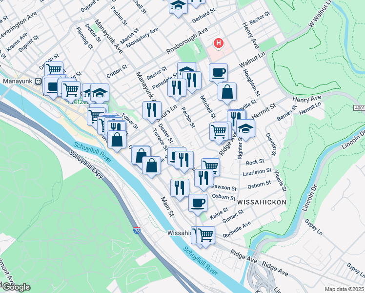 map of restaurants, bars, coffee shops, grocery stores, and more near 3901 Manayunk Avenue in Philadelphia