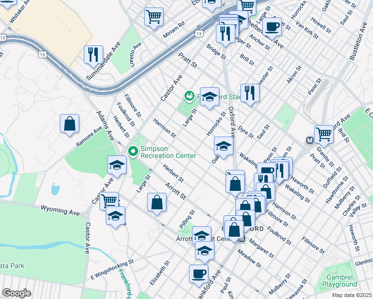 map of restaurants, bars, coffee shops, grocery stores, and more near 1138 Harrison Street in Philadelphia