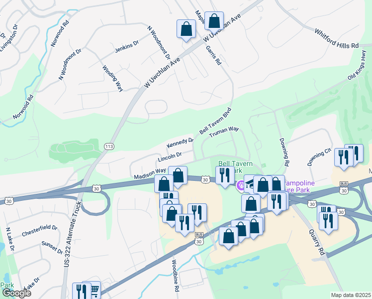 map of restaurants, bars, coffee shops, grocery stores, and more near 10 Lincoln Drive in Downingtown