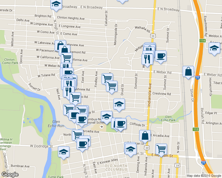 map of restaurants, bars, coffee shops, grocery stores, and more near 212 Crestview Road in Columbus
