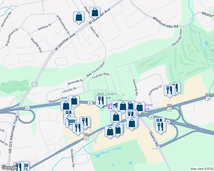 map of restaurants, bars, coffee shops, grocery stores, and more near 203 Coolidge Lane in Downingtown