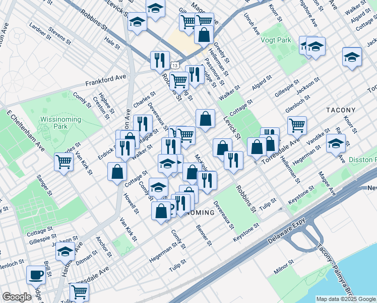 map of restaurants, bars, coffee shops, grocery stores, and more near 6212 Gillespie Street in Philadelphia