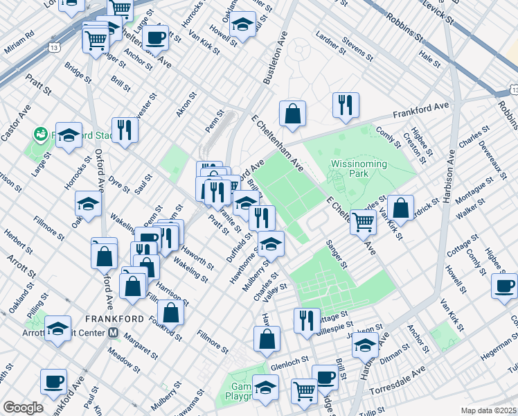 map of restaurants, bars, coffee shops, grocery stores, and more near 5335 Lesher Street in Philadelphia