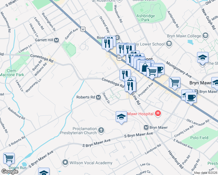 map of restaurants, bars, coffee shops, grocery stores, and more near 200 South Roberts Road in Bryn Mawr