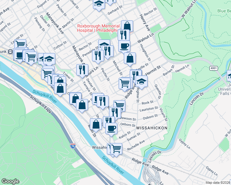 map of restaurants, bars, coffee shops, grocery stores, and more near Pechin St & Hermit St in Philadelphia
