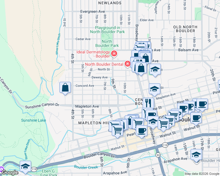 map of restaurants, bars, coffee shops, grocery stores, and more near 2616 7th Street in Boulder