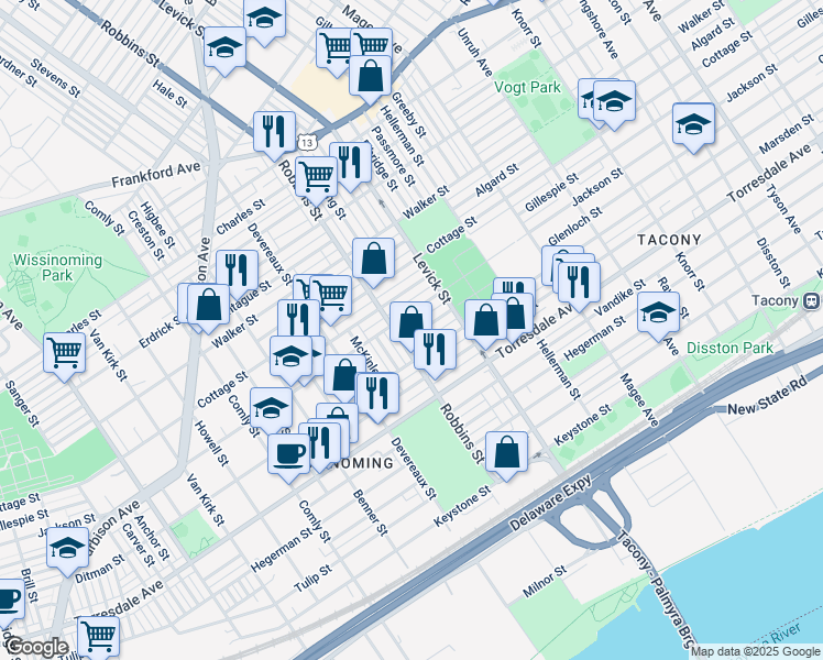 map of restaurants, bars, coffee shops, grocery stores, and more near 6314 Glenloch Street in Philadelphia