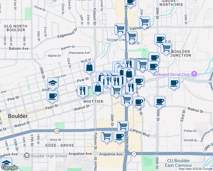 map of restaurants, bars, coffee shops, grocery stores, and more near 2601 Spruce Street in Boulder