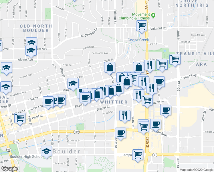 map of restaurants, bars, coffee shops, grocery stores, and more near 2432 Pine Street in Boulder