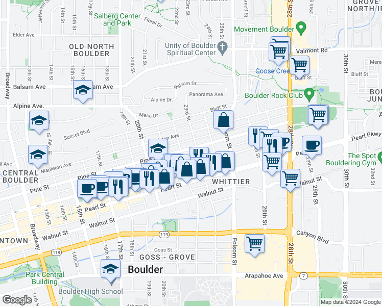 map of restaurants, bars, coffee shops, grocery stores, and more near 2219 Pine Street in Boulder