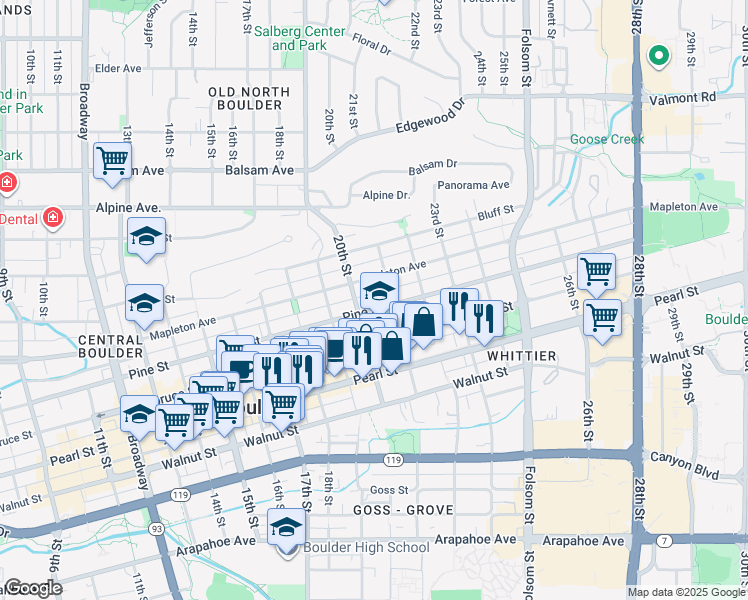 map of restaurants, bars, coffee shops, grocery stores, and more near 2020 Mapleton Avenue in Boulder