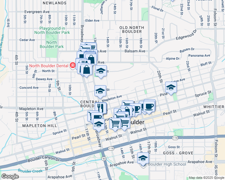 map of restaurants, bars, coffee shops, grocery stores, and more near 1435 Sunset Boulevard in Boulder