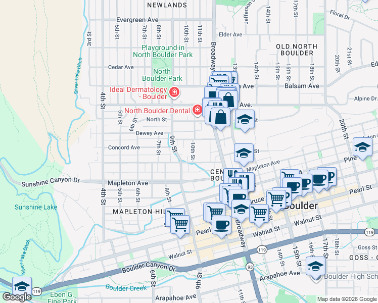 map of restaurants, bars, coffee shops, grocery stores, and more near 1122 Portland Place in Boulder