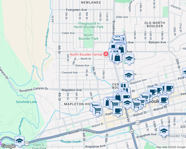 map of restaurants, bars, coffee shops, grocery stores, and more near 932 Portland Place in Boulder