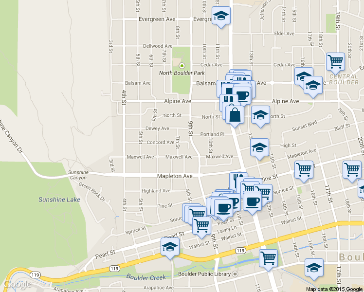 map of restaurants, bars, coffee shops, grocery stores, and more near 2616 7th Street in Boulder