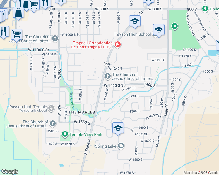 map of restaurants, bars, coffee shops, grocery stores, and more near 608 1400 South in Payson