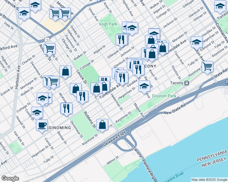 map of restaurants, bars, coffee shops, grocery stores, and more near 6524 Torresdale Avenue in Philadelphia
