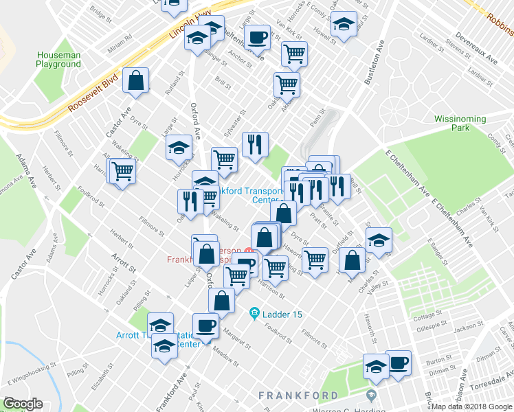 map of restaurants, bars, coffee shops, grocery stores, and more near 5123 Leiper Street in Philadelphia