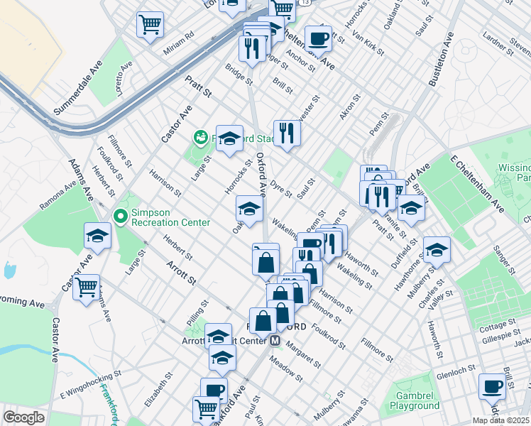 map of restaurants, bars, coffee shops, grocery stores, and more near 5051 Oxford Avenue in Philadelphia