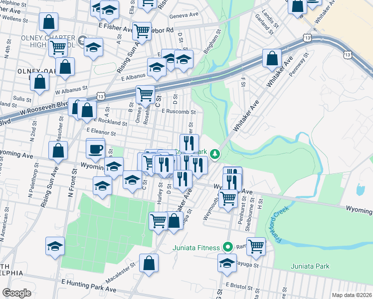map of restaurants, bars, coffee shops, grocery stores, and more near 4842 Gransback Street in Philadelphia