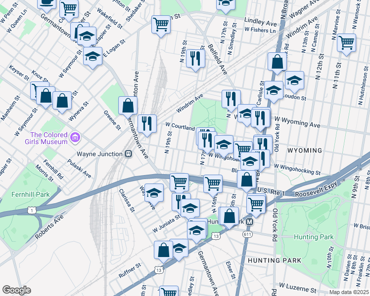 map of restaurants, bars, coffee shops, grocery stores, and more near 4531 North 18th Street in Philadelphia