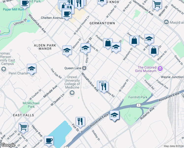 map of restaurants, bars, coffee shops, grocery stores, and more near 5231 Schuyler Street in Philadelphia
