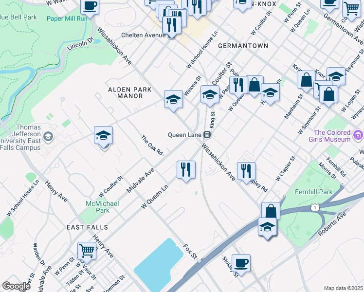 map of restaurants, bars, coffee shops, grocery stores, and more near 2807 Midvale Avenue in Philadelphia