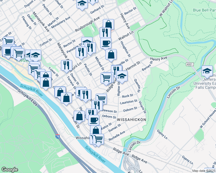 map of restaurants, bars, coffee shops, grocery stores, and more near 5442 Ridge Avenue in Philadelphia