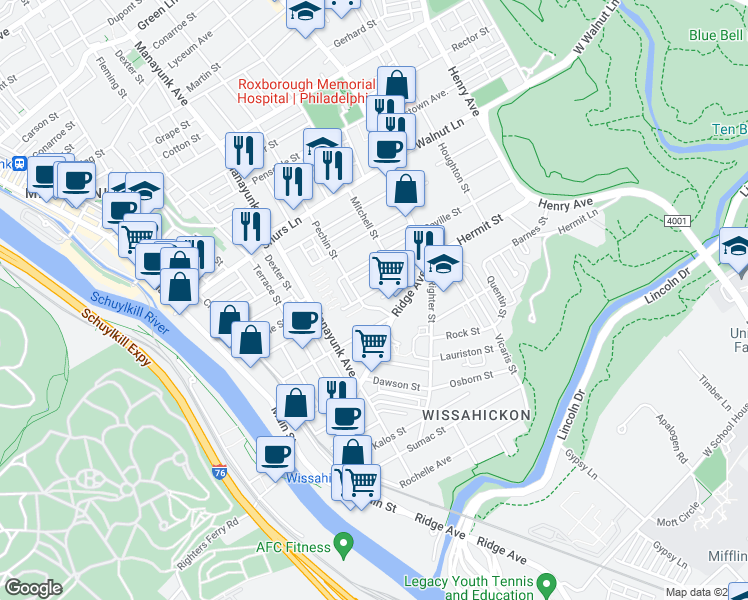 map of restaurants, bars, coffee shops, grocery stores, and more near 424 Hermit Street in Philadelphia