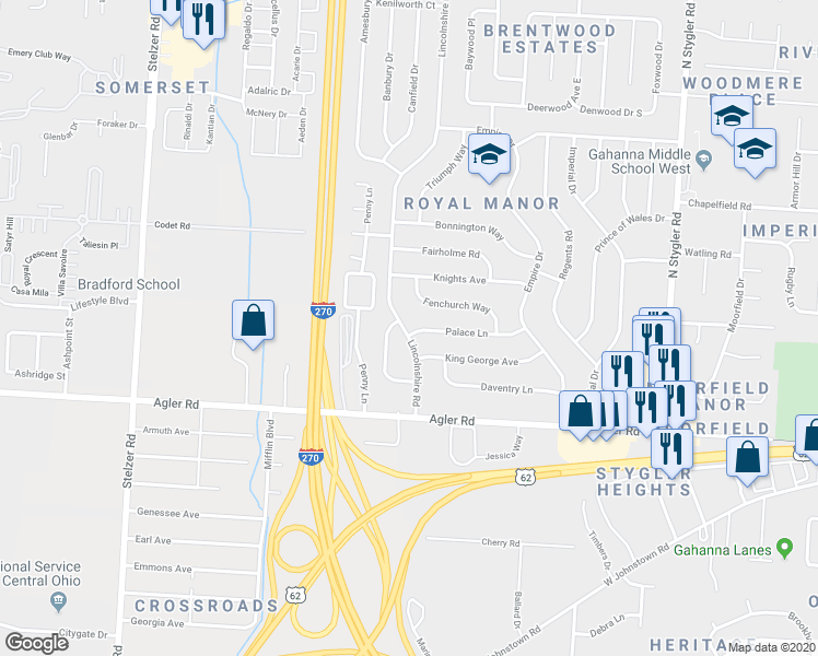 map of restaurants, bars, coffee shops, grocery stores, and more near 162 Lincolnshire Road in Columbus