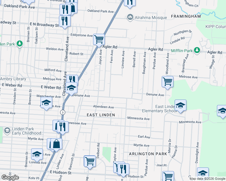 map of restaurants, bars, coffee shops, grocery stores, and more near 2698 Fern Avenue in Columbus
