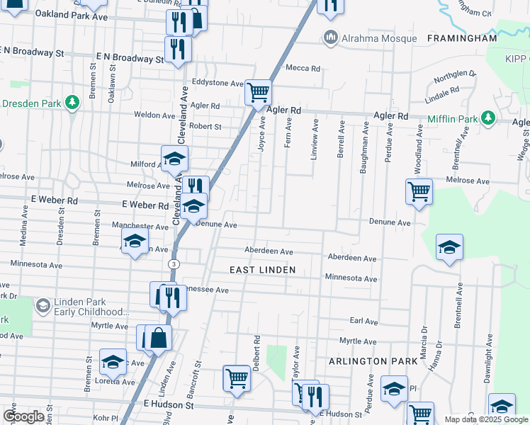 map of restaurants, bars, coffee shops, grocery stores, and more near 2685 Fern Avenue in Columbus