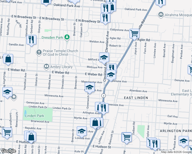 map of restaurants, bars, coffee shops, grocery stores, and more near 1682 East Weber Road in Columbus