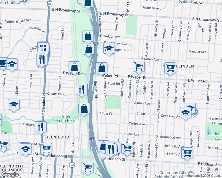 map of restaurants, bars, coffee shops, grocery stores, and more near 759 Tibet Road in Columbus