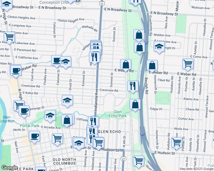 map of restaurants, bars, coffee shops, grocery stores, and more near 498 East Tulane Road in Columbus