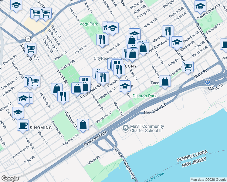 map of restaurants, bars, coffee shops, grocery stores, and more near 6634 Hegerman Street in Philadelphia