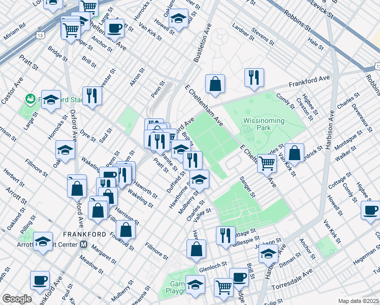 map of restaurants, bars, coffee shops, grocery stores, and more near 5335 Lesher Street in Philadelphia