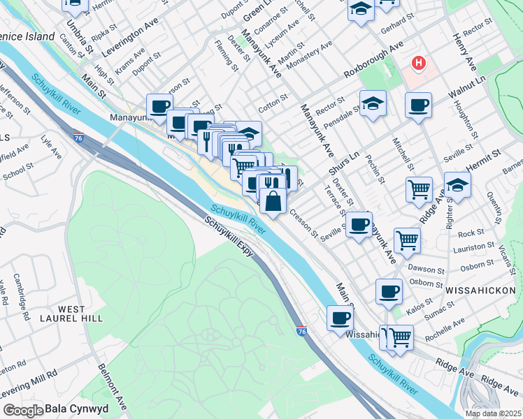 map of restaurants, bars, coffee shops, grocery stores, and more near 4139 Main Street in Philadelphia