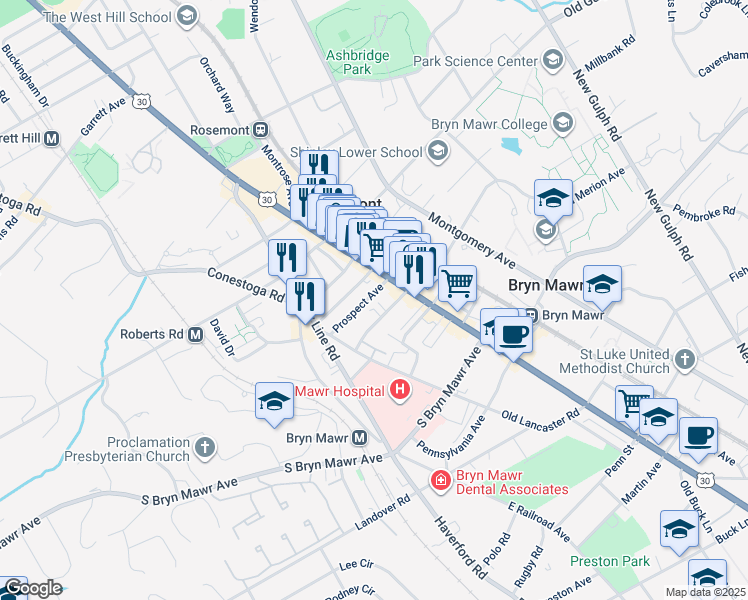 map of restaurants, bars, coffee shops, grocery stores, and more near 23 Prospect Avenue in Bryn Mawr