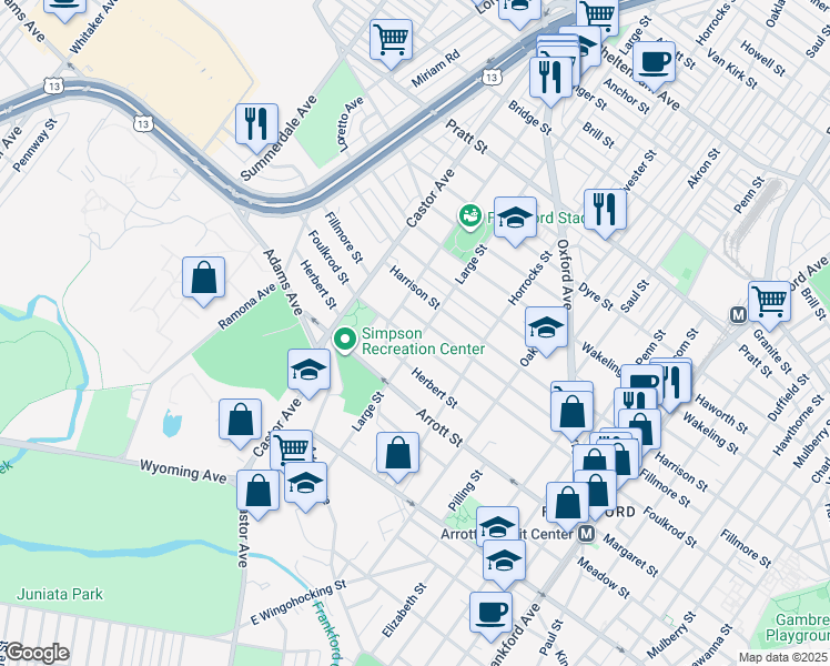 map of restaurants, bars, coffee shops, grocery stores, and more near 1035 Foulkrod Street in Philadelphia