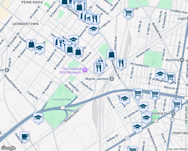 map of restaurants, bars, coffee shops, grocery stores, and more near 217 Zeralda Street in Philadelphia