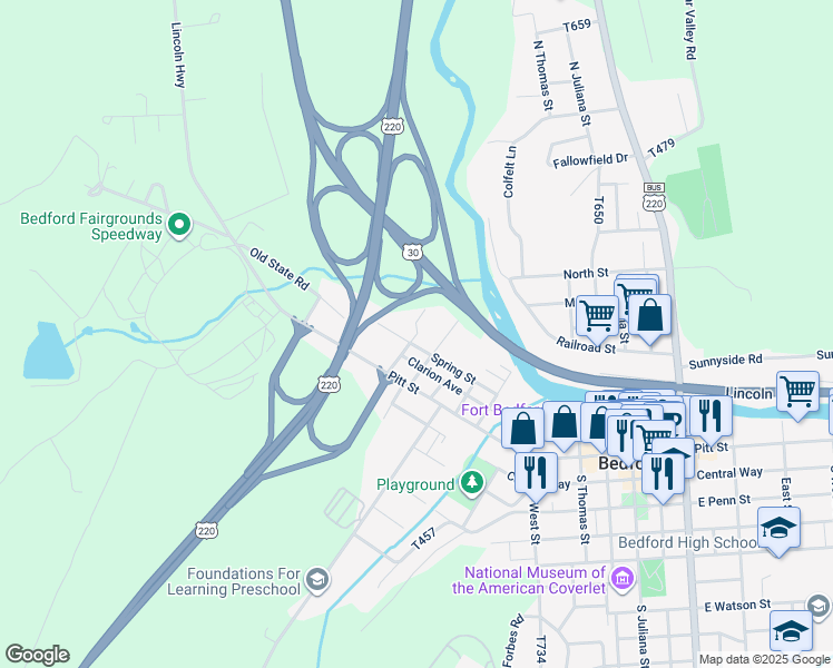 map of restaurants, bars, coffee shops, grocery stores, and more near Knoll Street in Bedford
