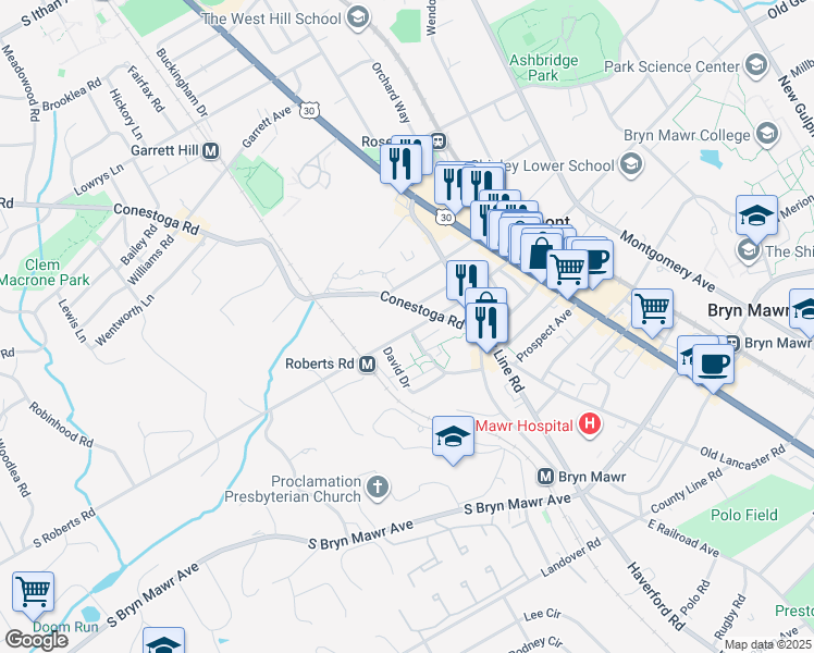 map of restaurants, bars, coffee shops, grocery stores, and more near 200 South Roberts Road in Bryn Mawr