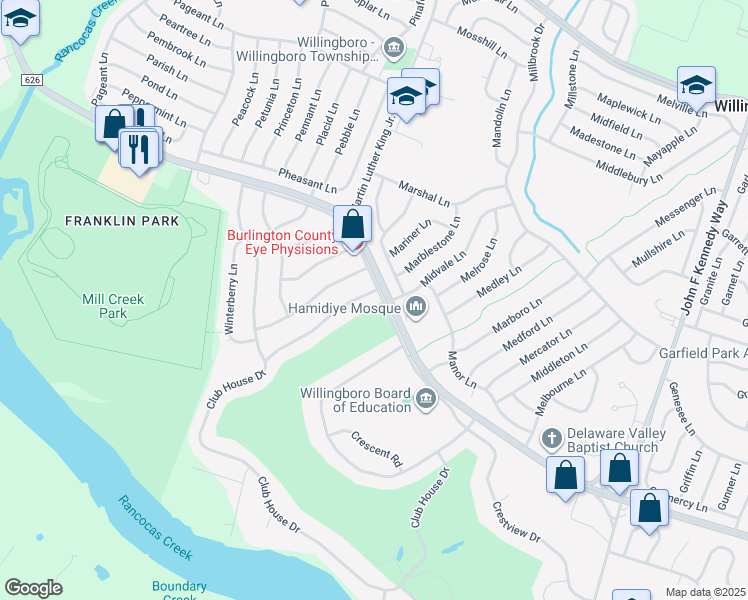 map of restaurants, bars, coffee shops, grocery stores, and more near 9 Marchmont Lane in Willingboro