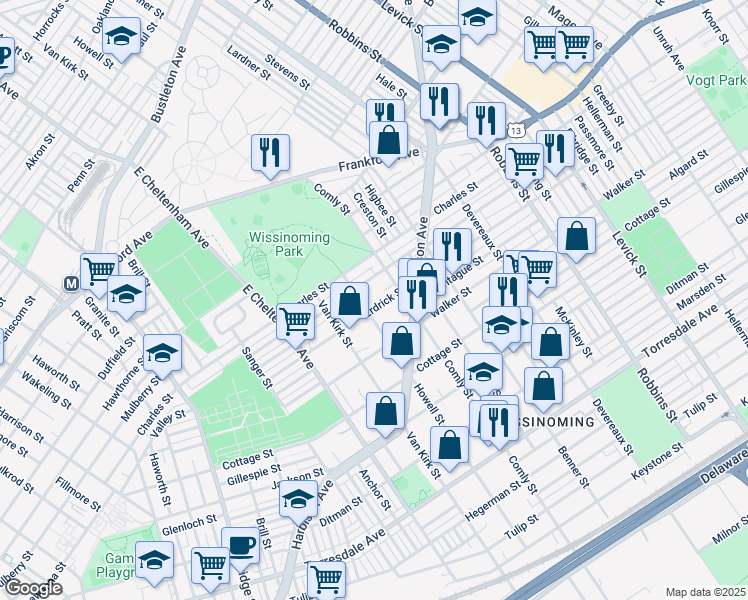 map of restaurants, bars, coffee shops, grocery stores, and more near 5906 Erdrick Street in Philadelphia