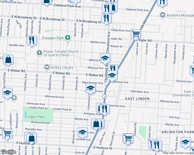 map of restaurants, bars, coffee shops, grocery stores, and more near 1682 East Weber Road in Columbus