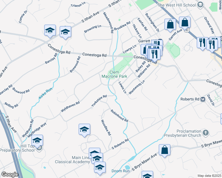 map of restaurants, bars, coffee shops, grocery stores, and more near 356 Yorkshire Road in Bryn Mawr