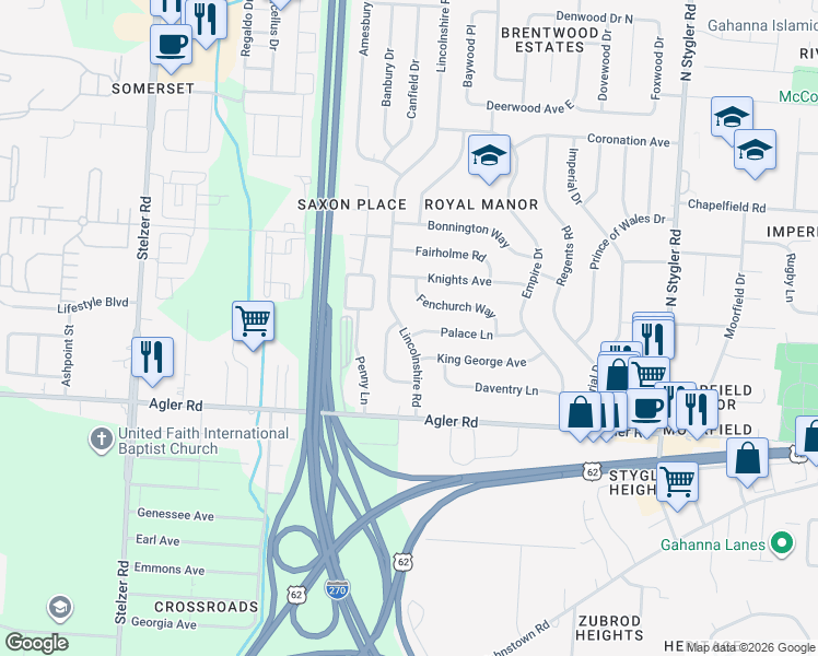 map of restaurants, bars, coffee shops, grocery stores, and more near 162 Lincolnshire Road in Columbus