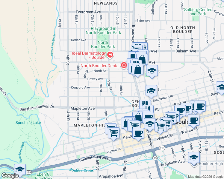 map of restaurants, bars, coffee shops, grocery stores, and more near 2466 9th Street in Boulder