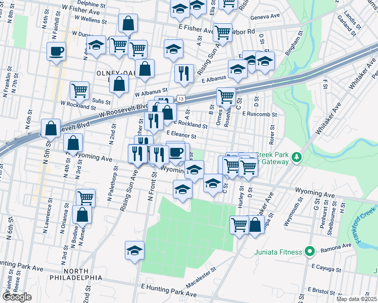 map of restaurants, bars, coffee shops, grocery stores, and more near 4752 Ella Street in Philadelphia